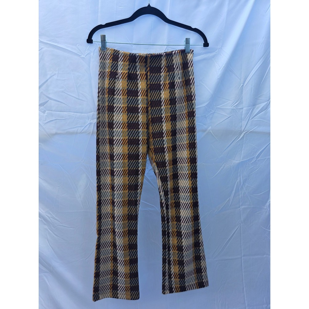 Free People Plaid Knit Flare Pants Mustard Yellow Burgundy Brown Size 4